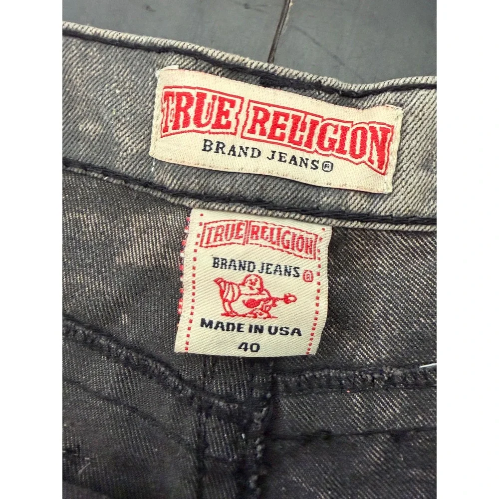 True Religion Joey Mens Gray Acid Wash Black Triple Stitch Jeans Size 40x33 USA